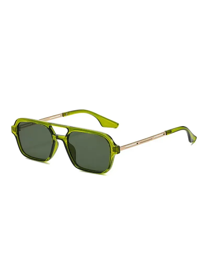 Unisex vintage sunglasses featuring a translucent olive green plastic frame, double bridge design, and gold-tone metal temples.