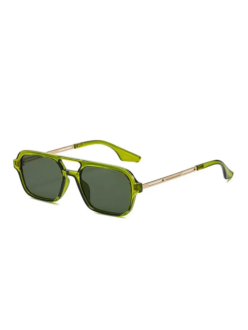 Unisex vintage sunglasses featuring a translucent olive green plastic frame, double bridge design, and gold-tone metal temples.