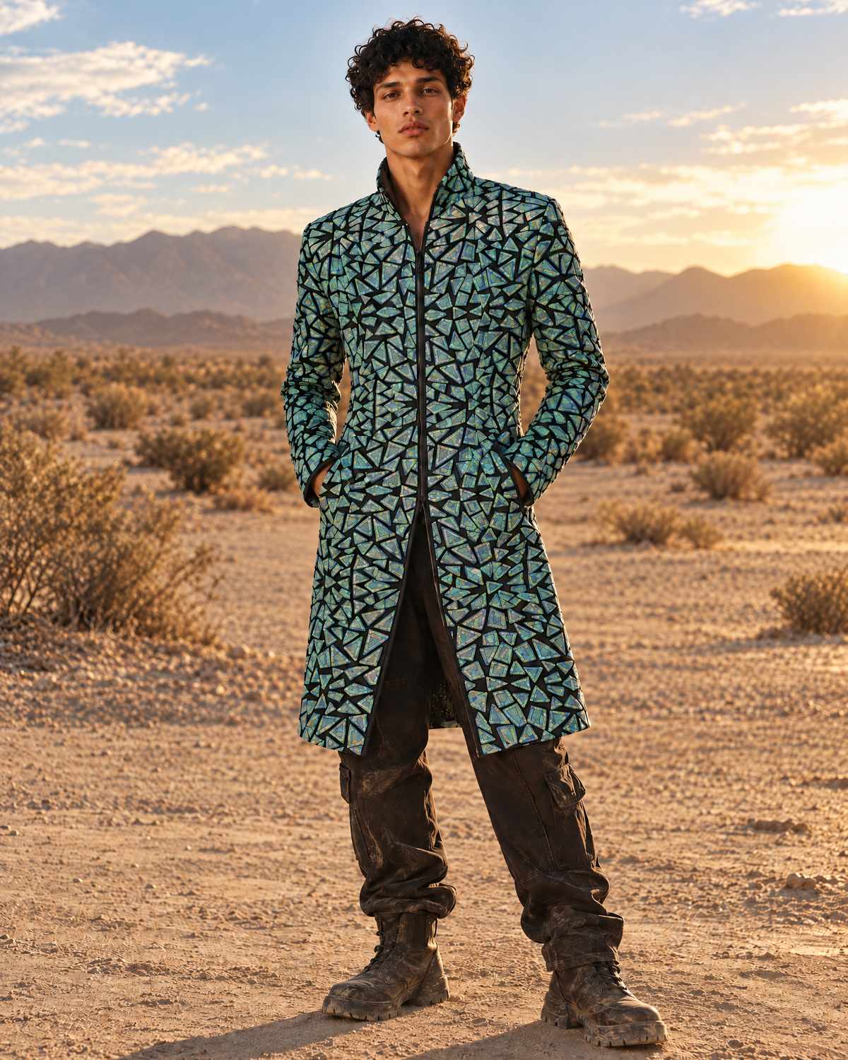 Model wearing a structured green velvet jacket featuring geometric mirror panels and a high collar in a desert setting.