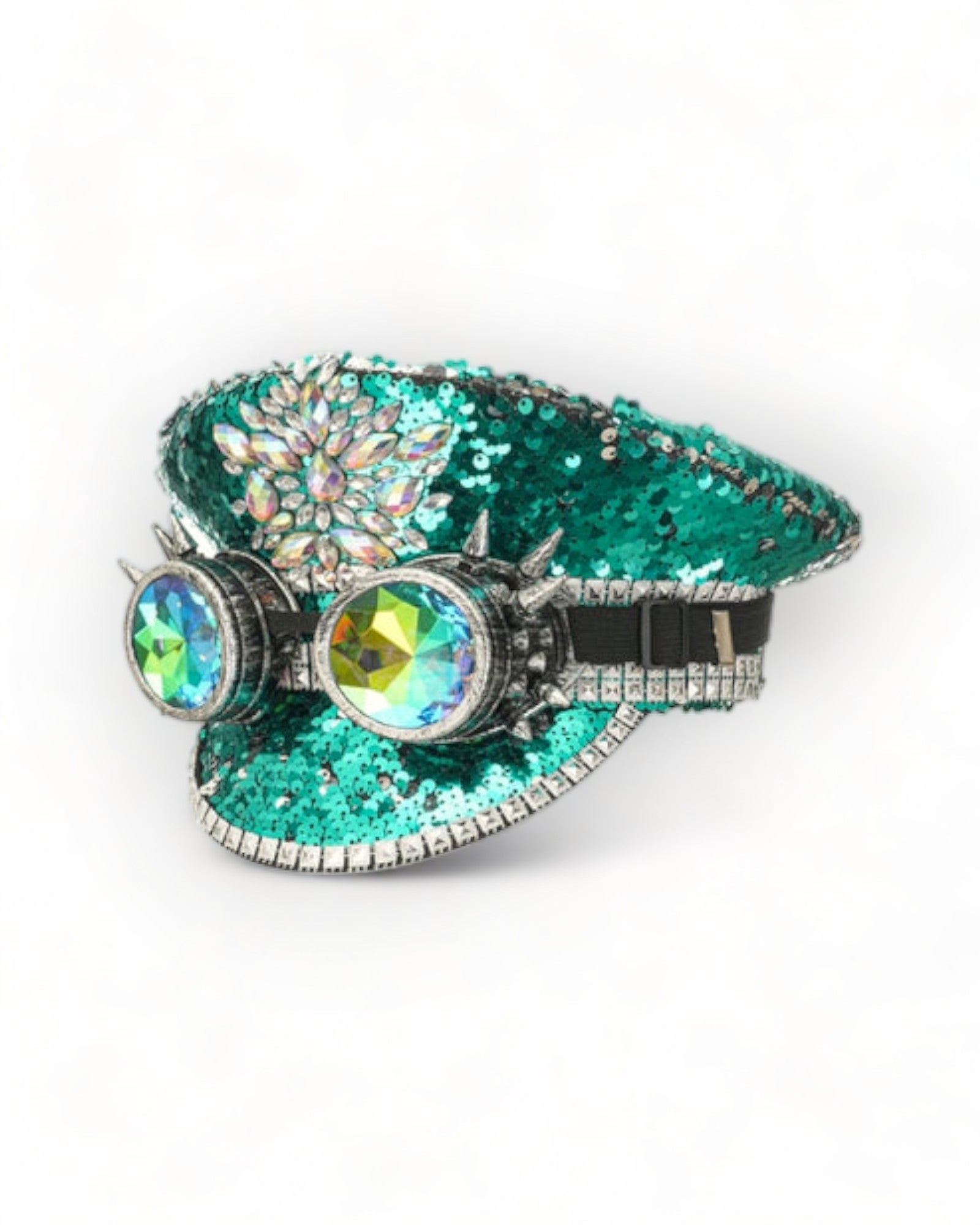 Green Military Hat with Rhinestones and Kaledoiscope Sunglasses