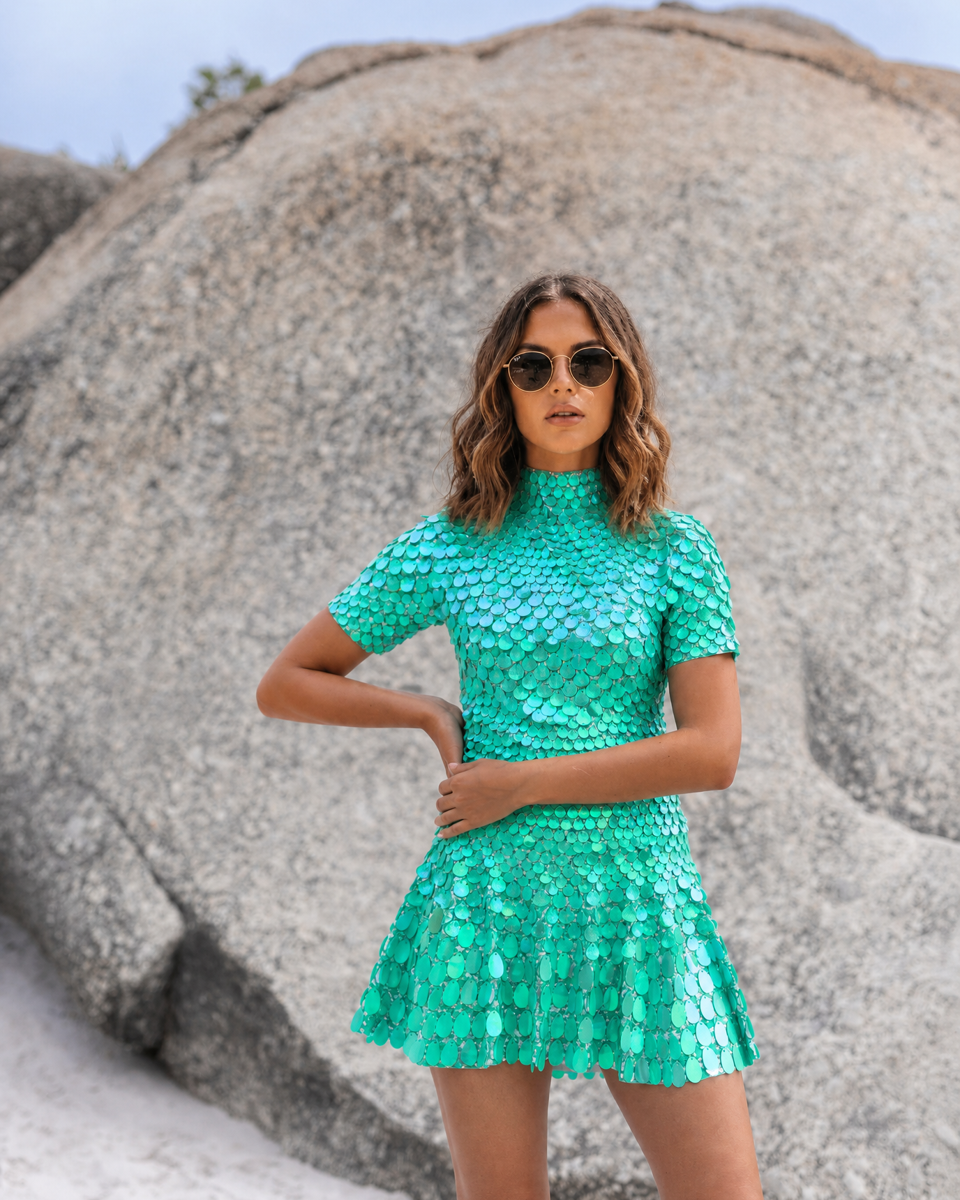 Olivia Light Green Metallic Sequin Party Dress with turtleneck, short sleeves, and flared skirt.