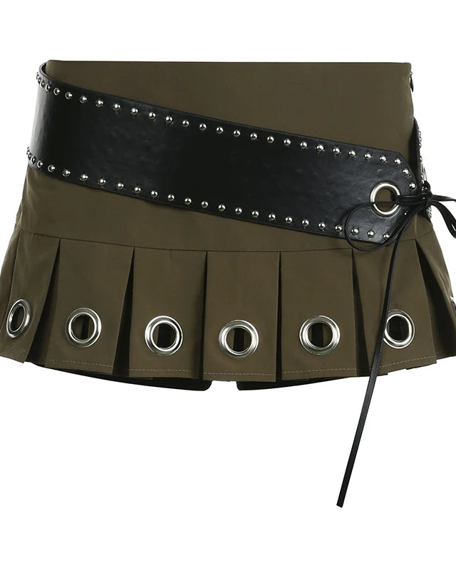 Green Rave Mini Skirt with unique cut, black belt, and eye-catching grommet details for festival style.