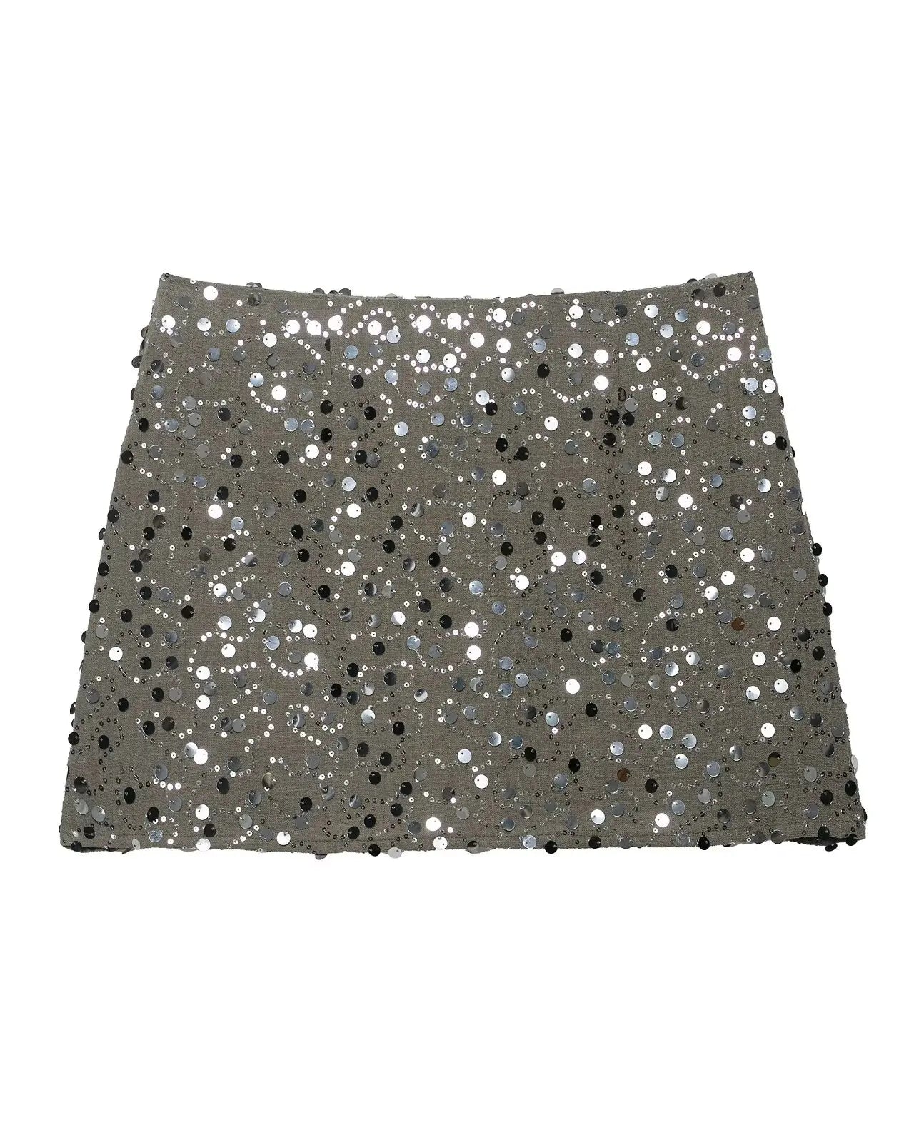 Green sequin crossover mini skirt with a stretch spandex base and all-over shimmer.