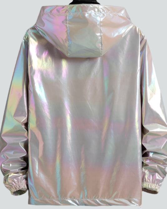 Men's Grey Holographic Reflective Hooded Jacket back view with shiny material.