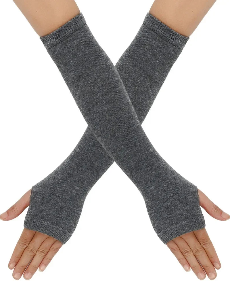 Grey Long Fingerless Knit Gloves