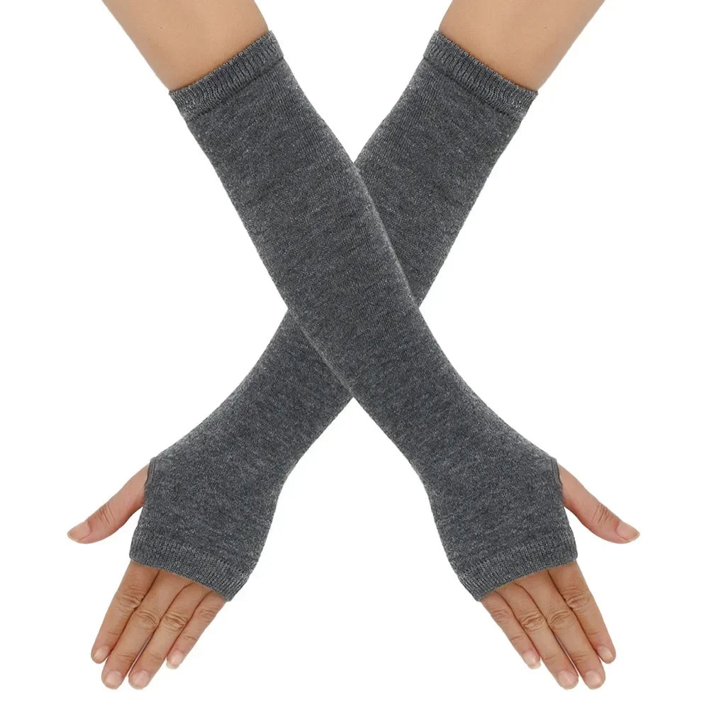 Grey Long Fingerless Knit Gloves