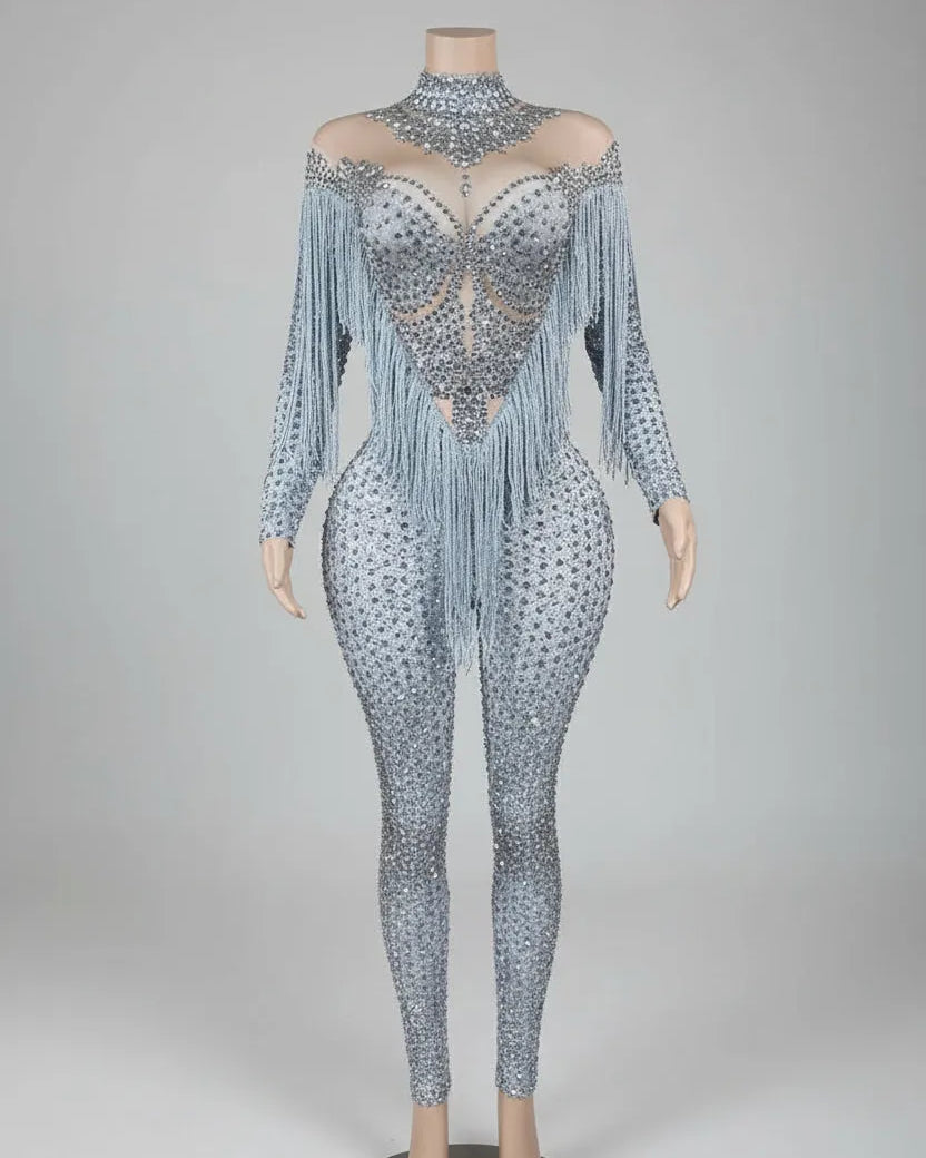 Silver rhinestone jumpsuit with long fringe sleeves, sheer high neck, and nude base.