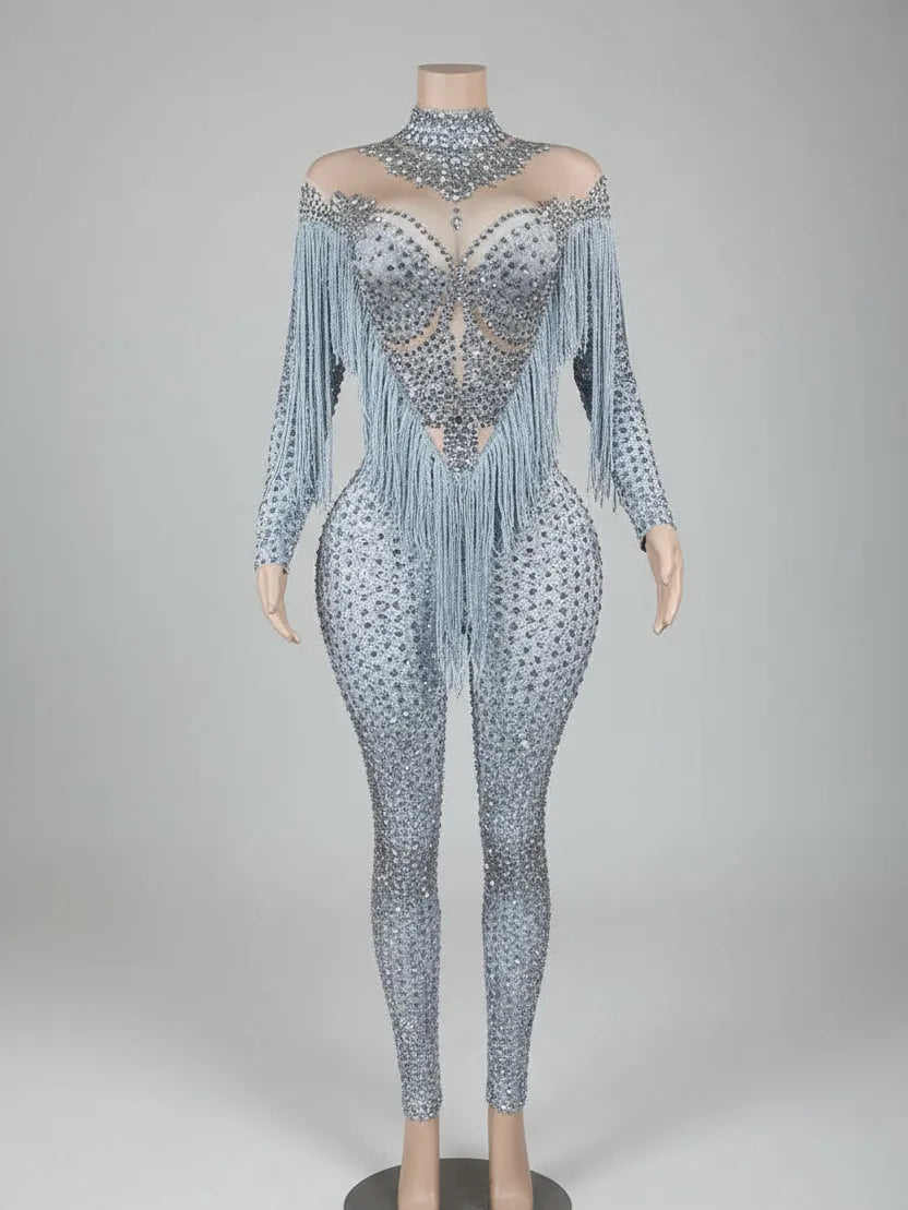 Silver rhinestone jumpsuit with long fringe sleeves, sheer high neck, and nude base.