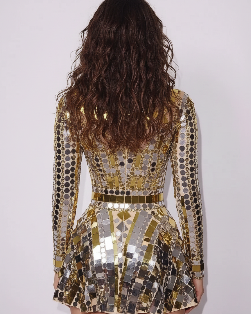 Back view of a woman in a dazzling gold sequin mini dress with long sleeves and a fitted waist.