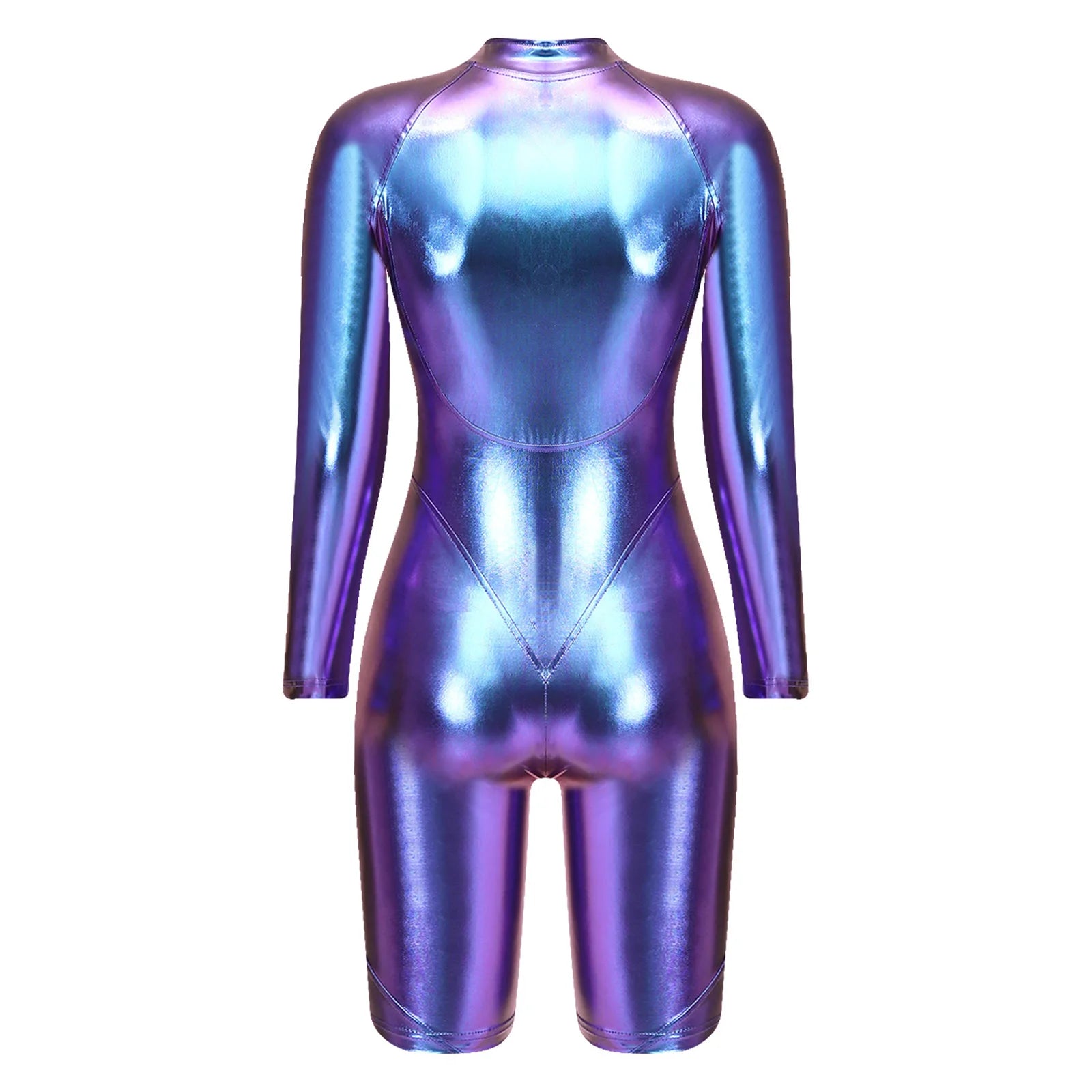 Back view of a metallic purple faux leather bodysuit with a high-shine finish and long sleeves.