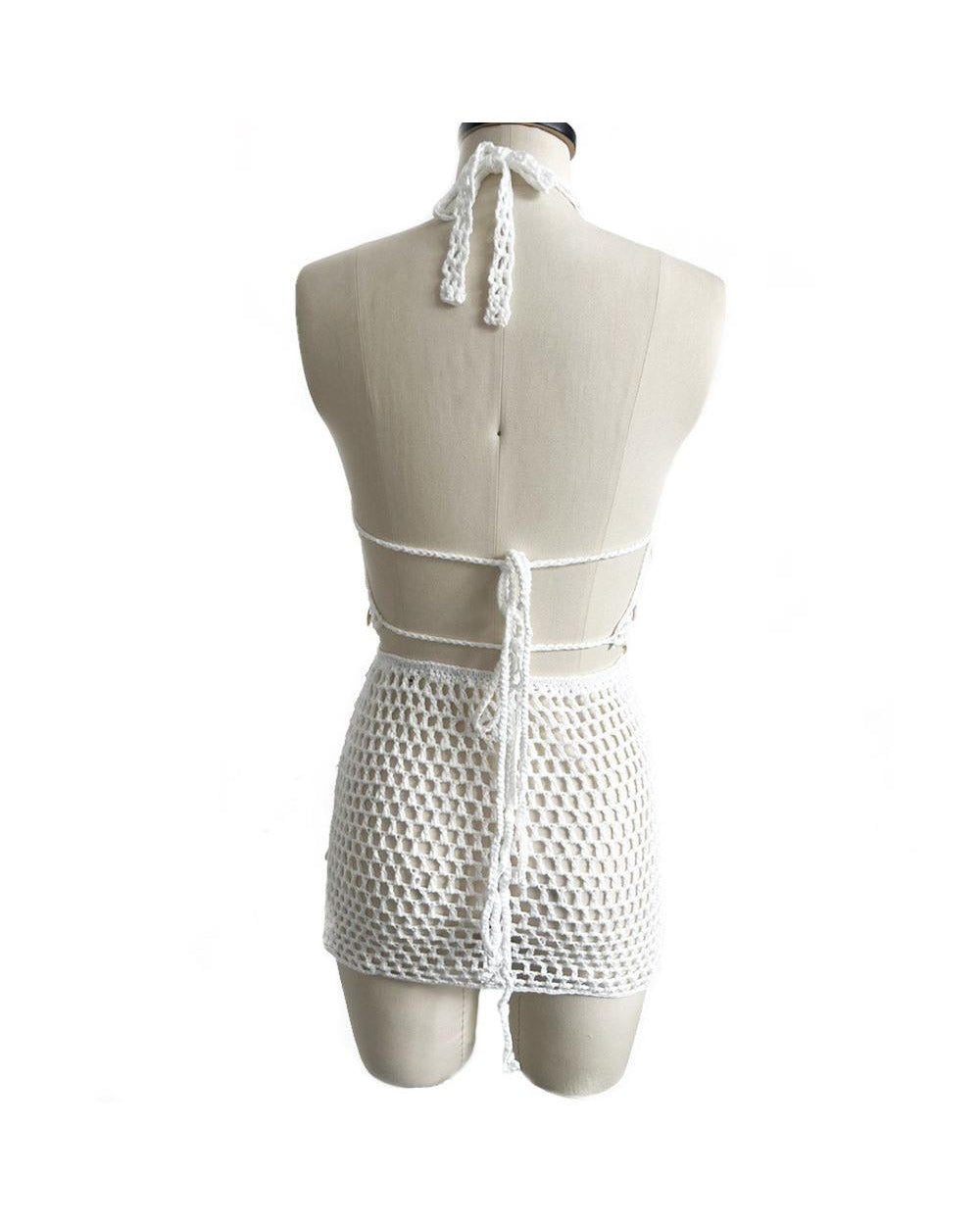 ensemble dos nu sans manches avec haut et jupe en crochet blanc, vue de dos