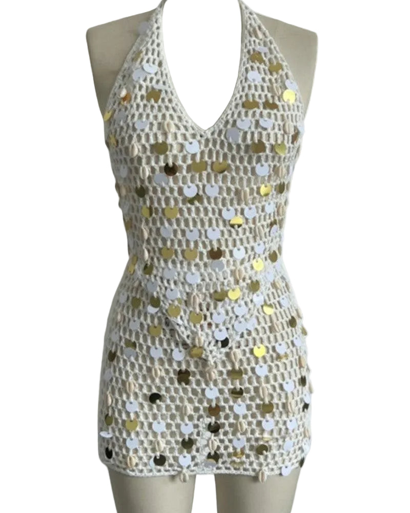 halter sleeveless top and skirt set close-up of white fabric with gold sequins