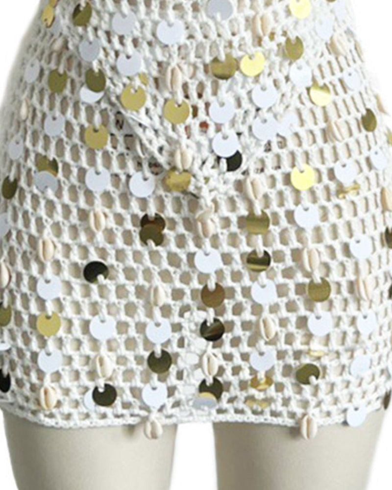 full-shot halter sleeveless top and skirt set in white with gold sequins detail