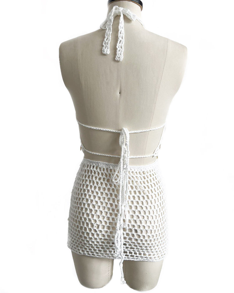 halter sleeveless top and skirt set back-view in white crochet design