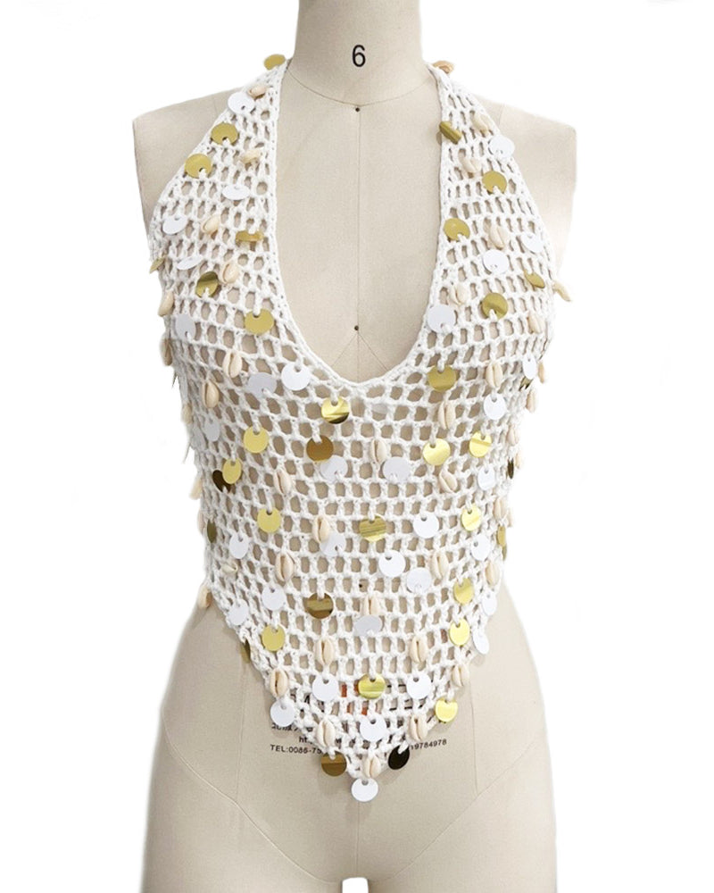 halter sleeveless top and skirt set white crochet with sequins close-up detail