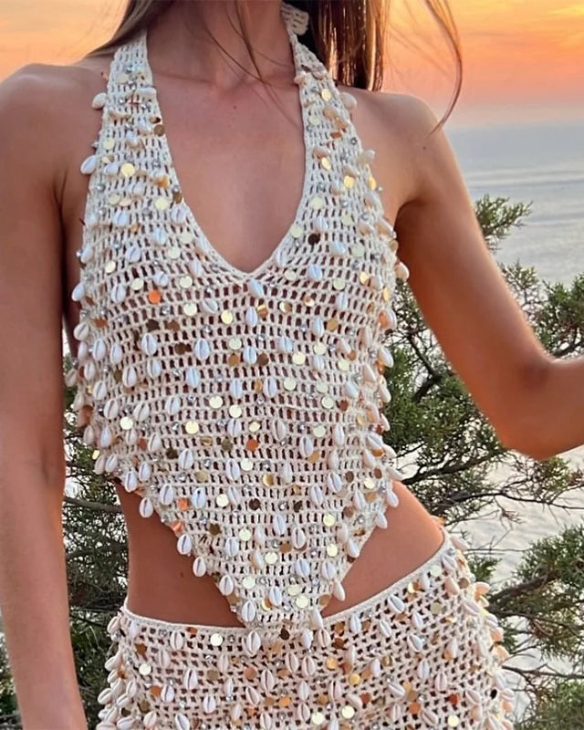 Halter Sleeveless Top and Skirt Set in crochet with decorative shells, perfect for festivals and summer events.