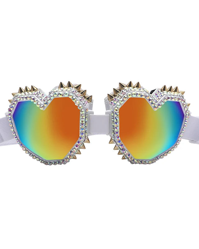 Heart Shaped Goggle Sunglasses Steampunk Cyberpunk White crystals Burning man Festival Rave