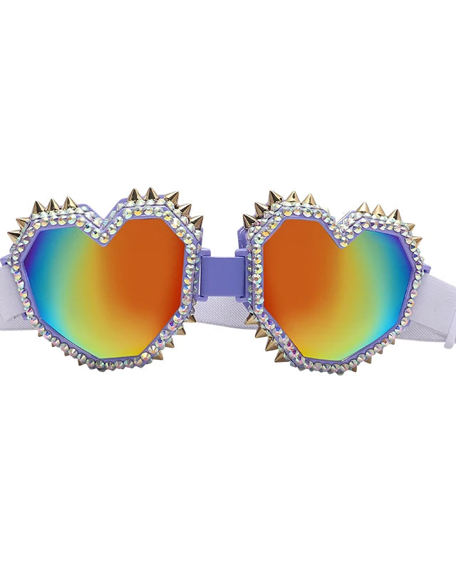 Heart Shaped Goggle Sunglasses Steampunk Cyberpunk White crystals Burning man Festival Rave