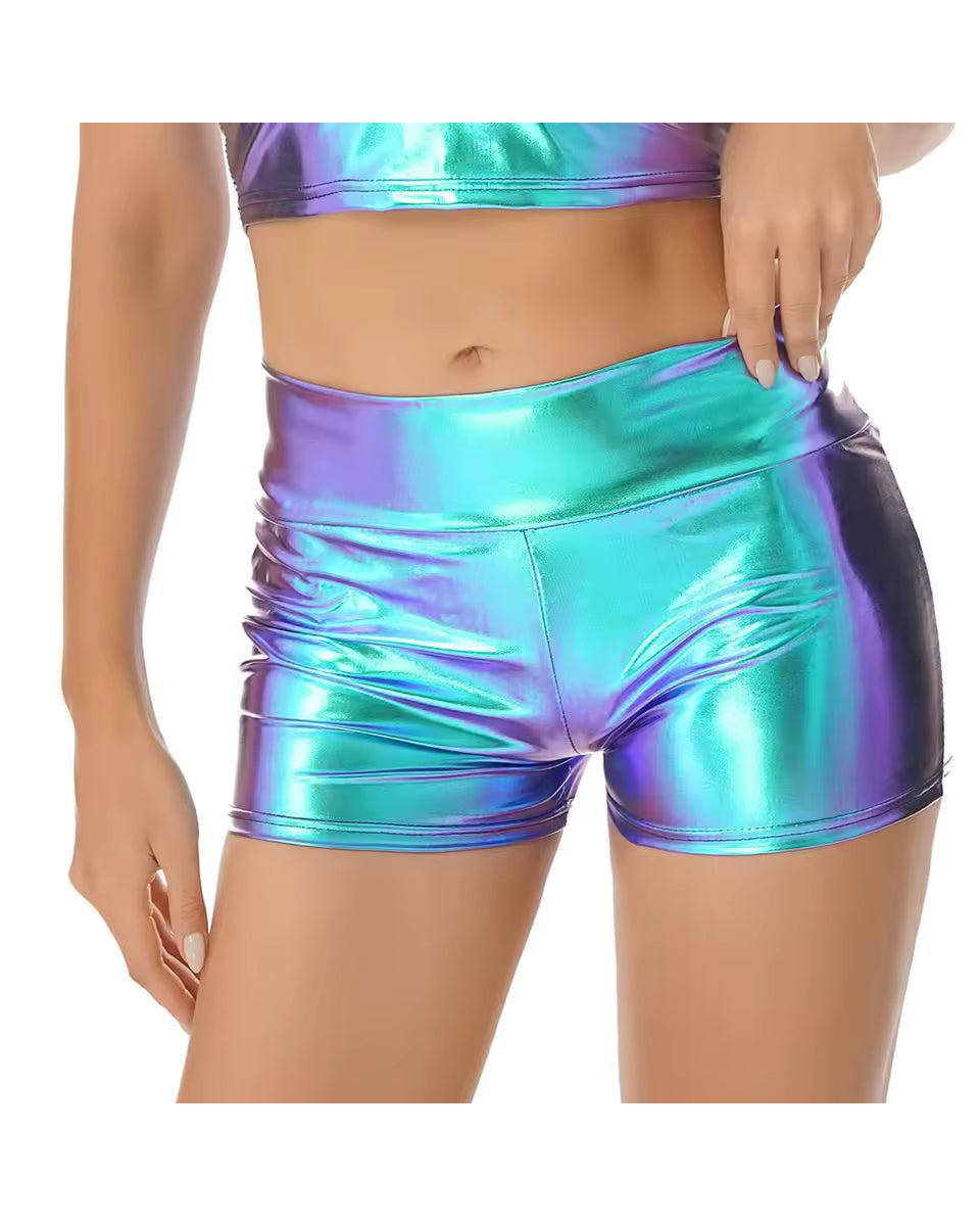 Holographic crop top and low-rise shorts set in iridescent blue and purple polyester.