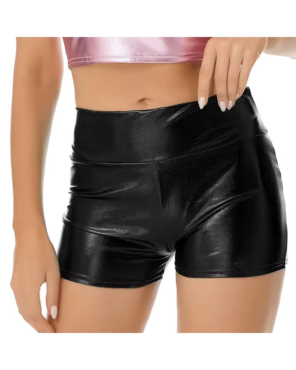 Black glossy low-rise hot shorts with an elastic waistband, paired with a pink holographic crop top.