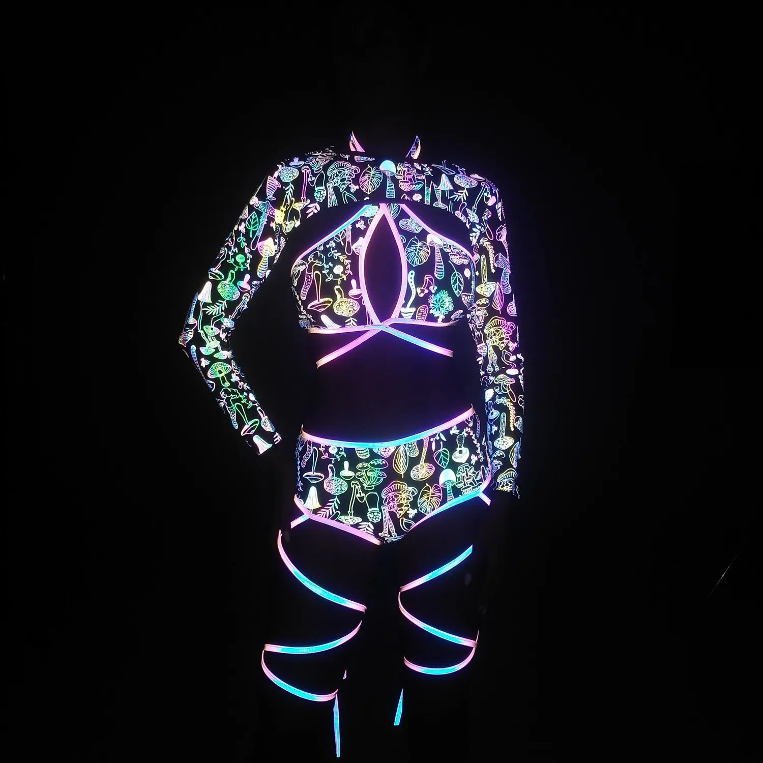 holographic reflective bikini set side-profile with colorful glowing patterns on black background