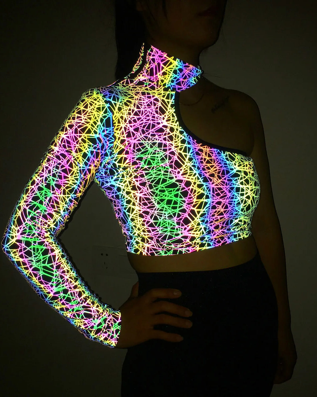 Holographic Reflective One Shoulder Crop Top