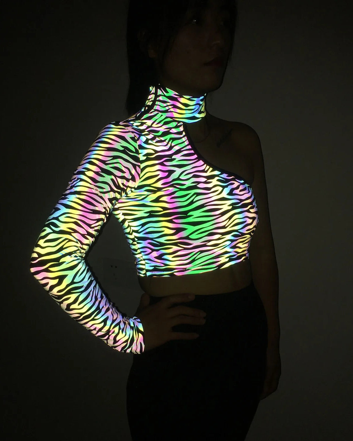 Holographic Reflective One Shoulder Crop Top