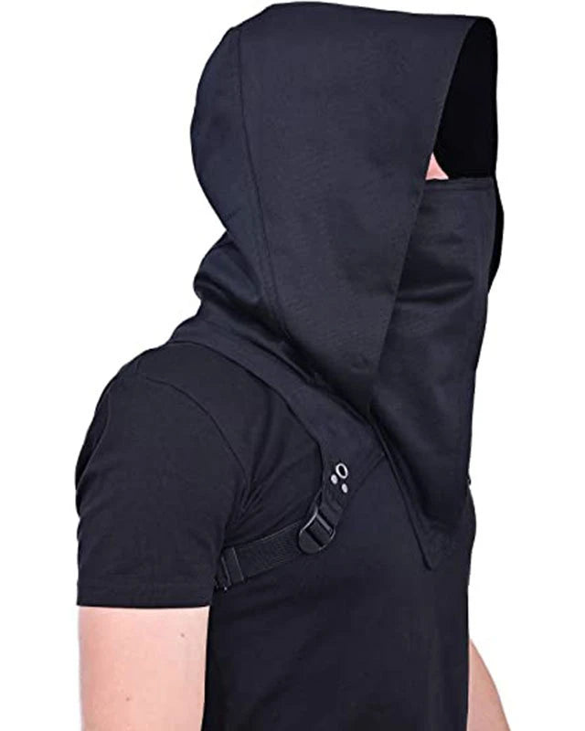 Hooded Cloak Cape Cowl worn by a person, featuring a hood and face covering, in black fabric.