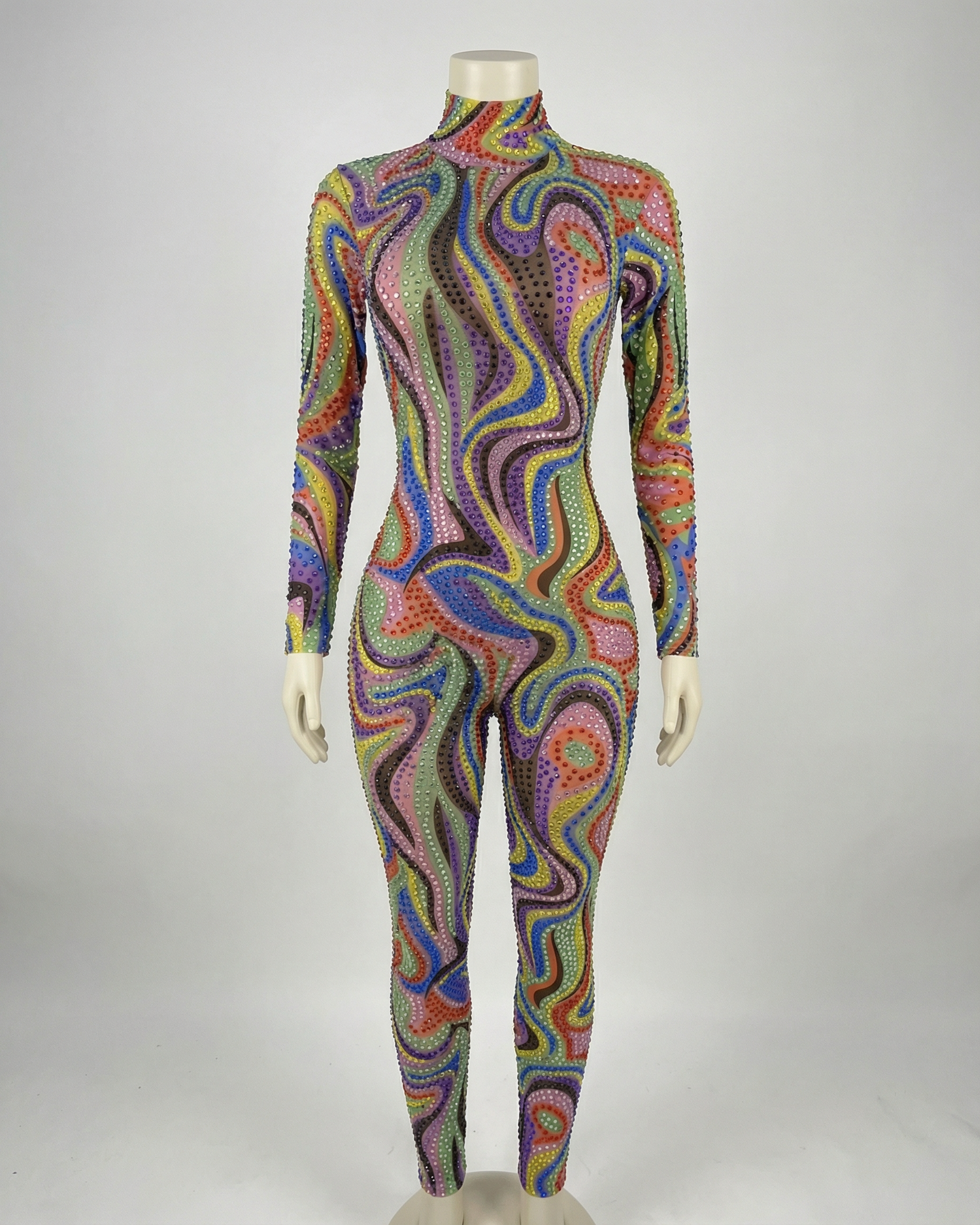 Multicolor rhinestone mesh jumpsuit with a psychedelic swirl print, mock neck, and long sleeves.