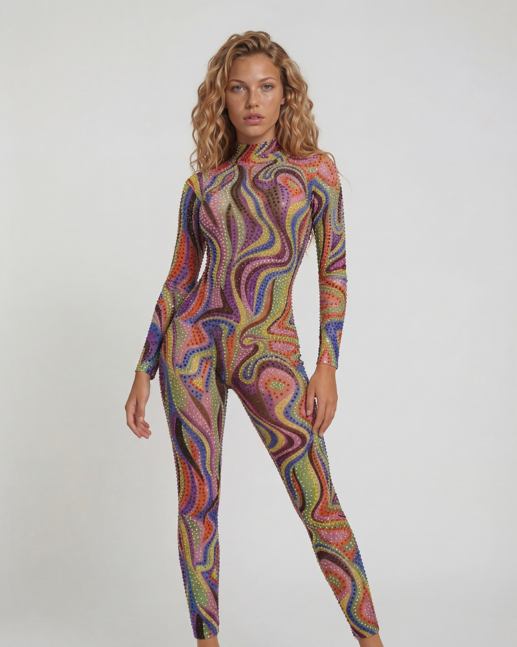 Multicolor rhinestone mesh jumpsuit with a psychedelic swirl print, mock-neck, and long sleeves.