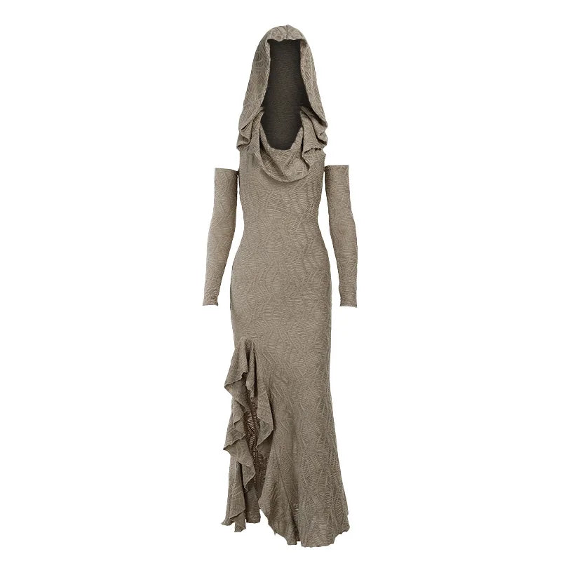 Elegant Jacquard Knit Hooded Dress with soft fabric, ruffled hem, and off-shoulder sleeves.