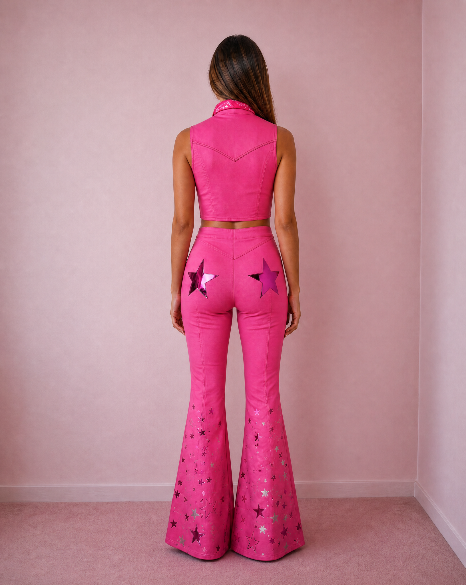 Rear view of Kaia Fuchsia Star Costume Set: cropped vest, high-waist flared pants with metallic stars.