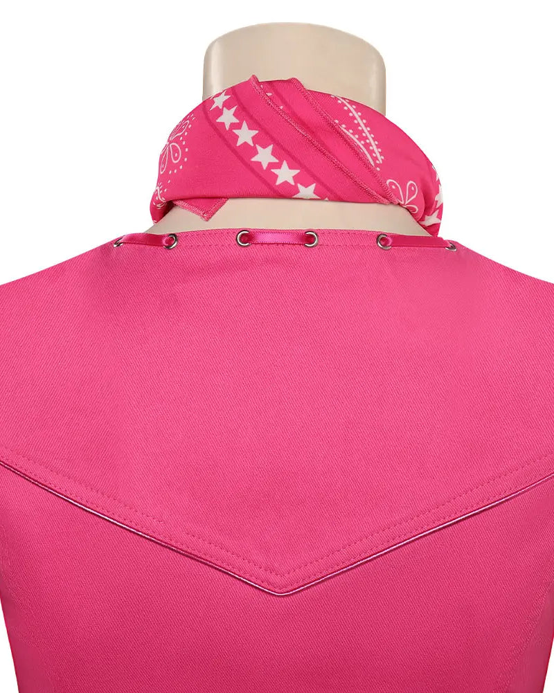 Back view of Kaia Fuchsia Star Costume Set: pink vest with metallic trim and matching star-print scarf.