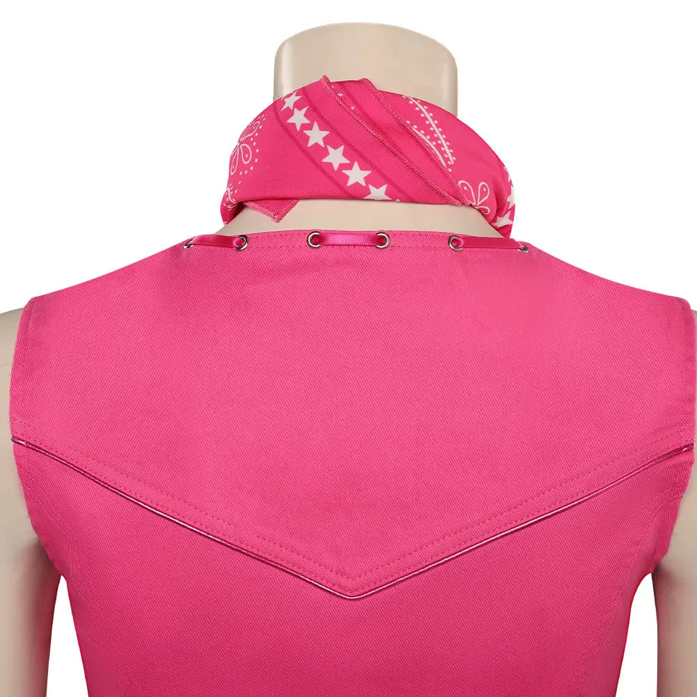 Back view of Kaia Fuchsia Star Costume Set: pink vest with metallic trim and matching star-print scarf.