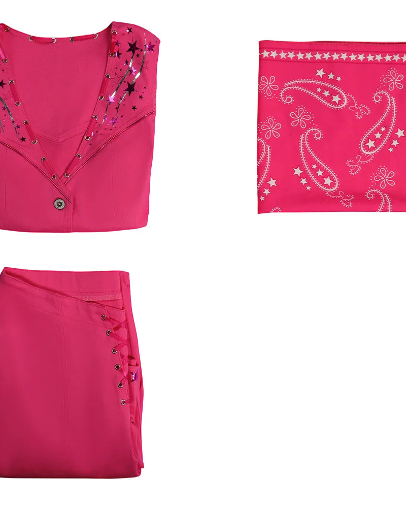 Fuchsia Kaia Star Costume Set: cropped lace-up vest, flared pants with side lacing, and paisley star bandana.