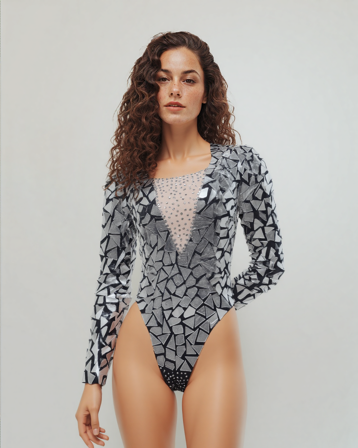 Mirror Rhinestone Bodysuit with a sparkling reflective design and comfortable fit.