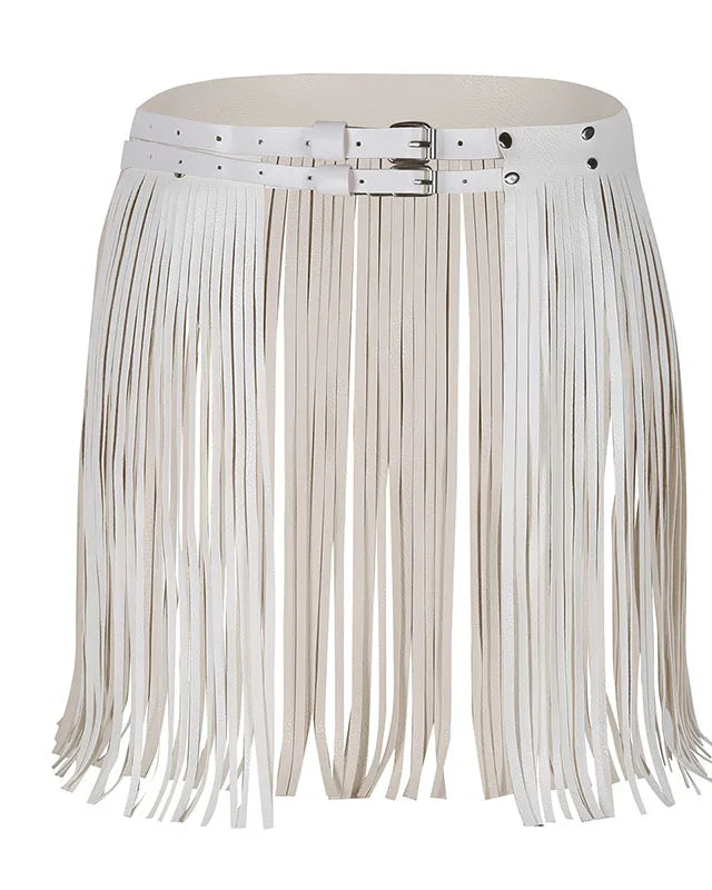 white Leather Fringe Skirt