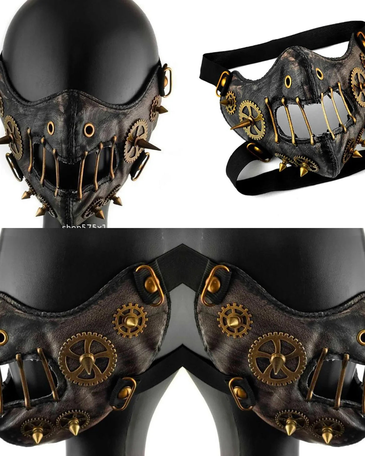 masque facial en cuir steampunk en gros plan avec engrenages et pointes, noir avec accents dorés