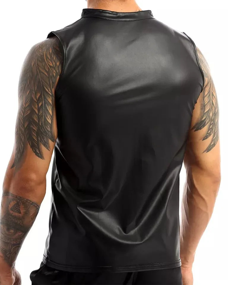 Man wearing a black Leather Vest T-Shirt showcasing a sleek faux leather back design.