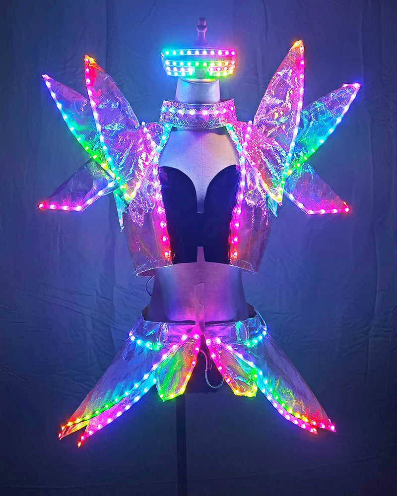Futuristic LED visor costume with glowing multi-color lights, holographic acrylic panels, and remote-controlled lighting.