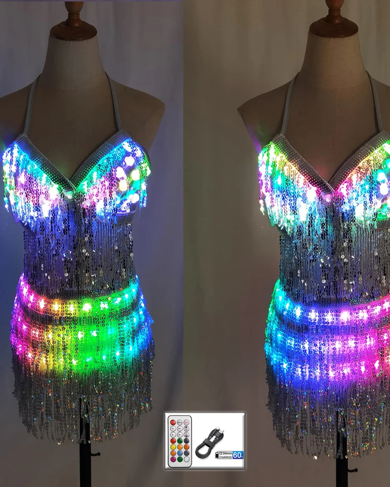 LED rhinestone tassel festival set with color-changing lights, sequin fringe, and remote control on a mannequin.