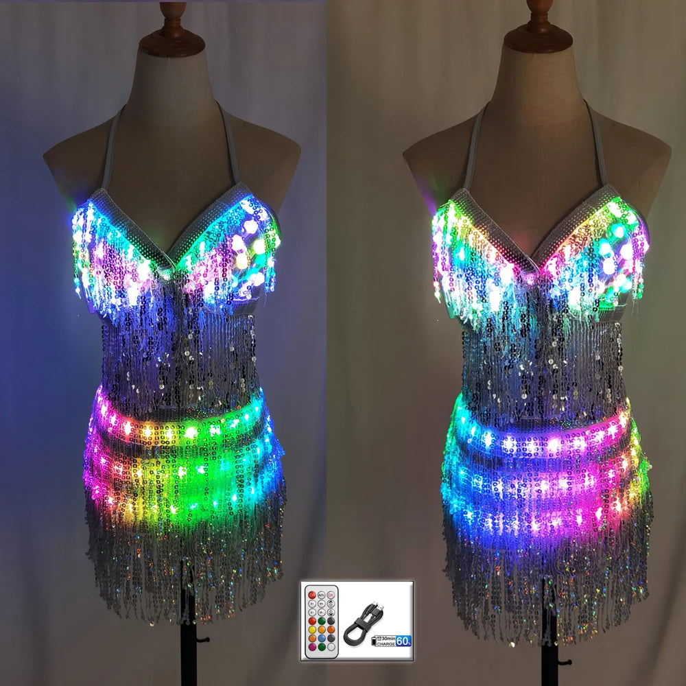 LED rhinestone tassel festival set with color-changing lights, sequin fringe, and remote control on a mannequin.
