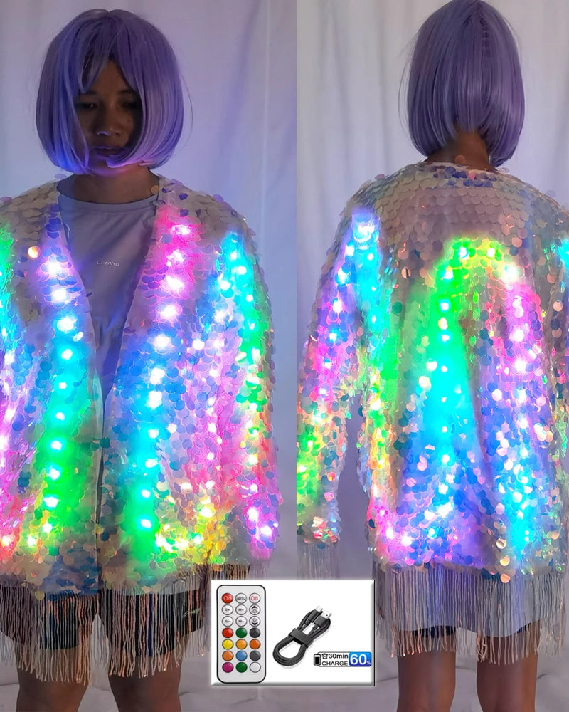 Iridescent sequin fringe jacket with color-changing LED lights, remote control, and USB charging cable.