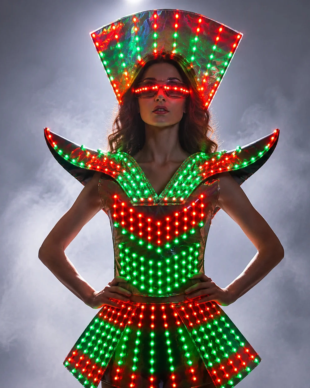 Futuristic LED shoulder armor dress with red and green lights, structured metallic fabric, and matching illuminated eyewear.