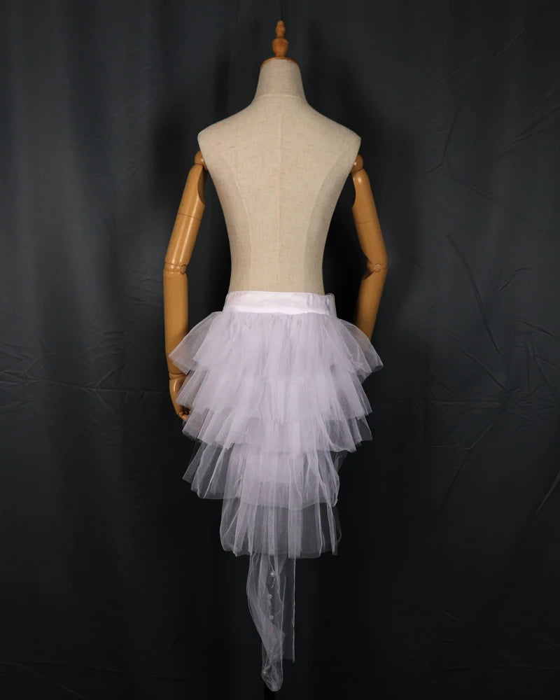 White tiered tulle LED tutu skirt on a mannequin, featuring a high-low hemline and integrated lighting components.