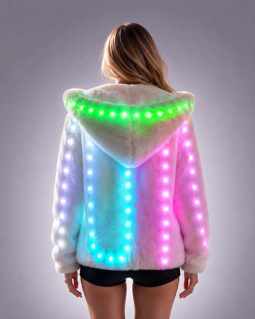 White faux fur hooded jacket featuring integrated multi-color LED light strips and a remote-controlled glowing design.