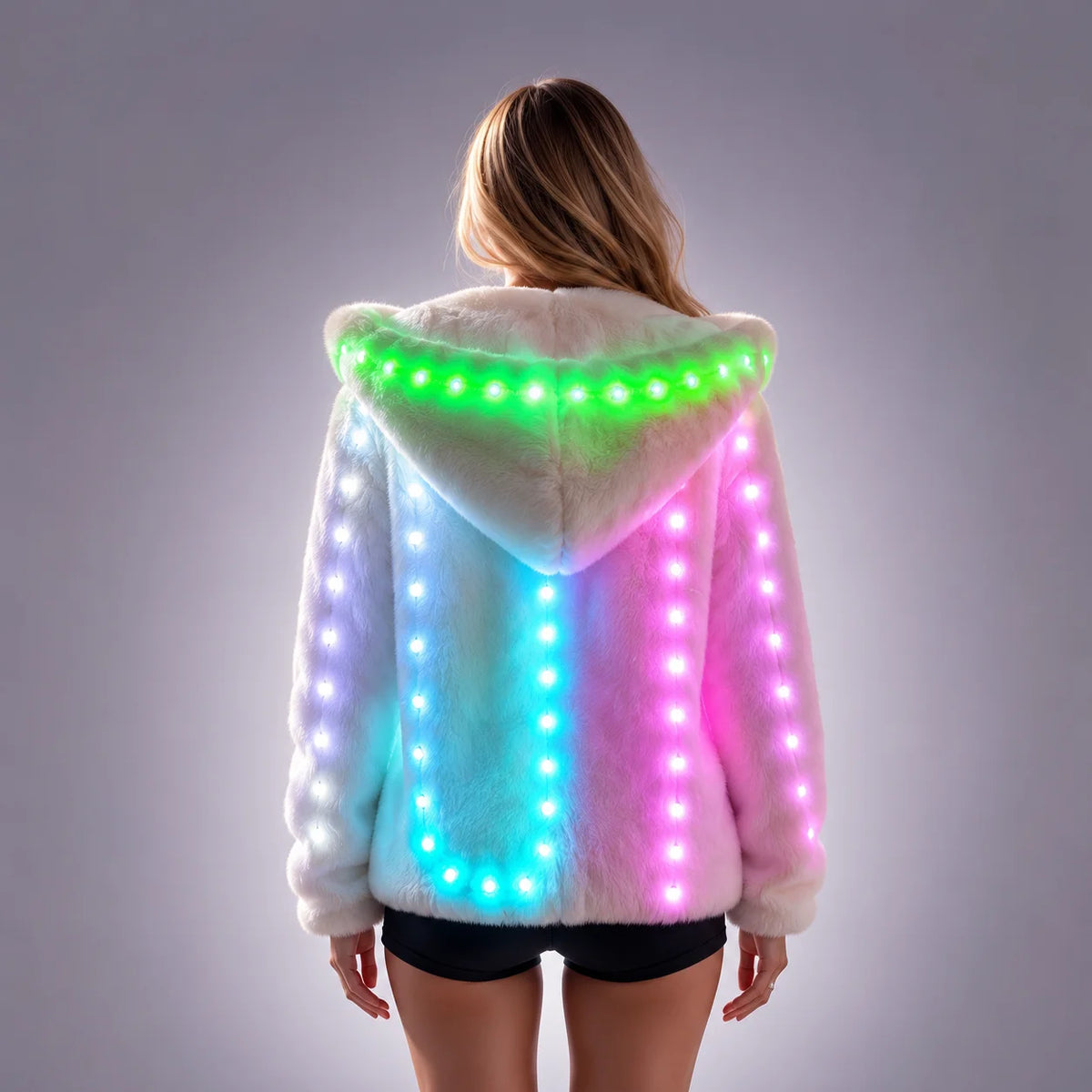 White faux fur hooded jacket featuring integrated multi-color LED light strips and a remote-controlled glowing design.
