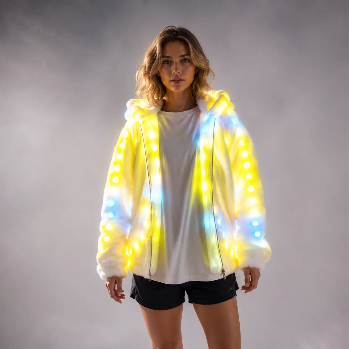 Model wearing a white faux fur hooded jacket featuring integrated, glowing yellow and blue LED lights.