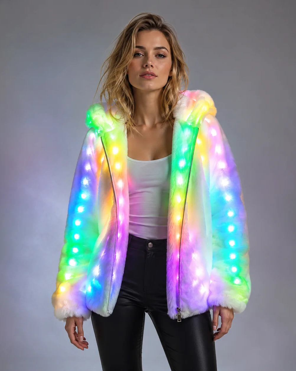 Woman wearing a plush white faux fur hooded jacket featuring vibrant, multi-colored LED lights along the front and hood.