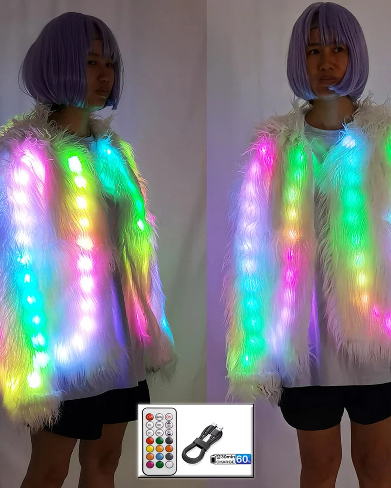 Plush white faux fur jacket featuring integrated multicolored LED lights, remote control, and USB charging cable.